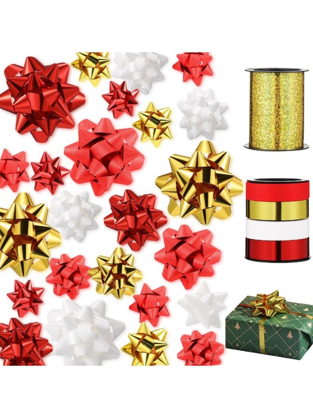 36 Pcs Assorted Gift Bows - Red, Glitter Red, Gold & White - Perfect for Any